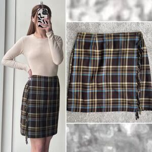 Vintage Brown Plaid Wrap Skirt Fringe Academia Preppy Indie - Size 12P